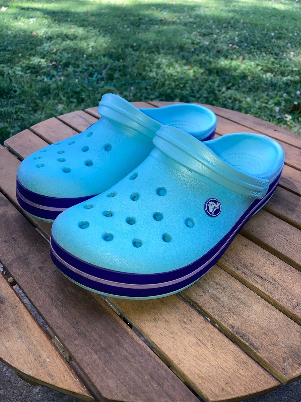 Teal and Purple Unisex Crocs Size M8/W10